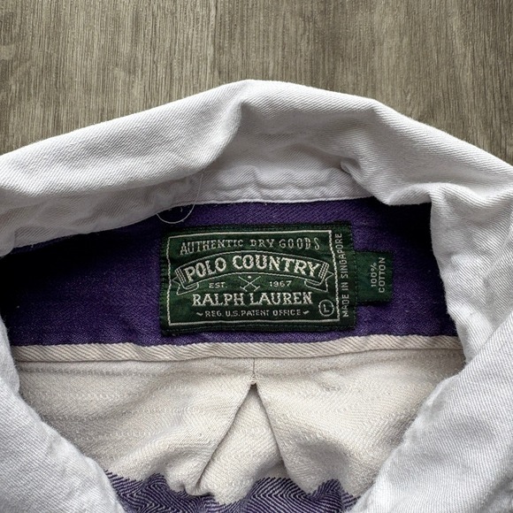 Vintage Ralph Lauren Polo Country Rugby Shirt Purple White Stripe Long Sleeve L - Picture 3 of 5